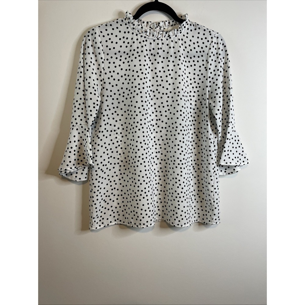 Les‎ Amis Size S White Black Polka Dot Ruffle Neck Blouse